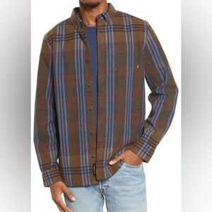 Vans Men Long Sleeve Brown and Blue Flannel Button Up Classic Fit Plaid Shirt